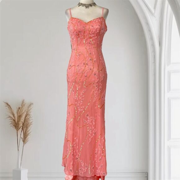 Ethereal Fairy Coquette Floral Beaded Silk Mermaid Long Formal Prom Dress Gown S - Picture 1 of 8